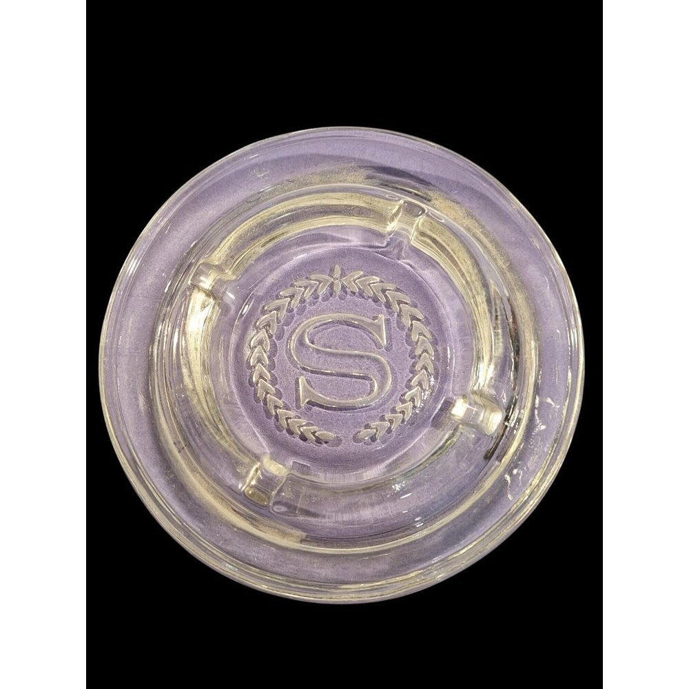 Clear Glass Ashtray With Etched "S" Monogram & Laurel Wreath‎ Design